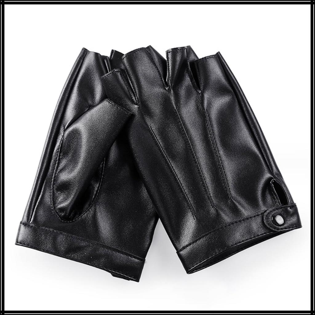 White Fang NT148 Fingerless Gloves, Simple, Solid Leather, Stylish Rock Style for Men (Black)