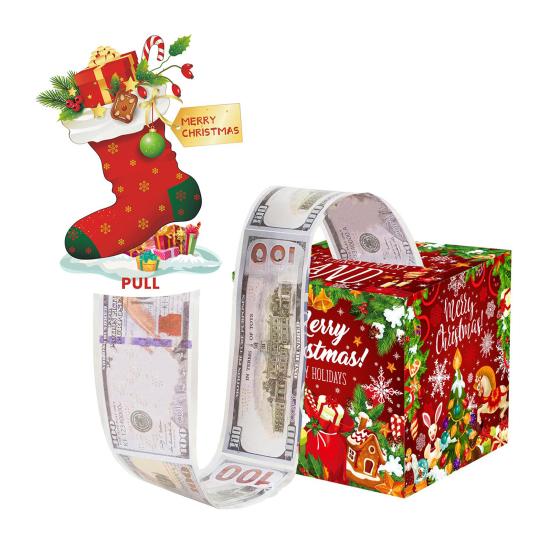 Christmas Money Box Pull-out Cash Gift Box DIY Holiday Money Gift Box with Transparent Bags Christmas Money Holder Pull Box for Kids Adults