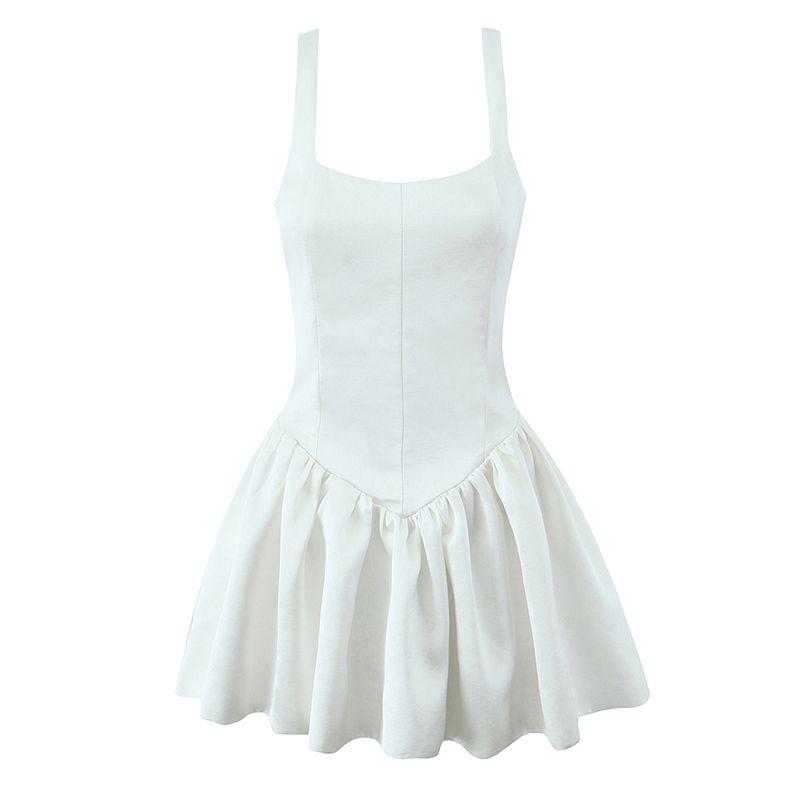 

FELEE Thousand Gold French style Pure Want to Design Glossy Waist Hugging Slimming A Word Puffy Flower Bud Princess Sling Dress White flower bud skirt L