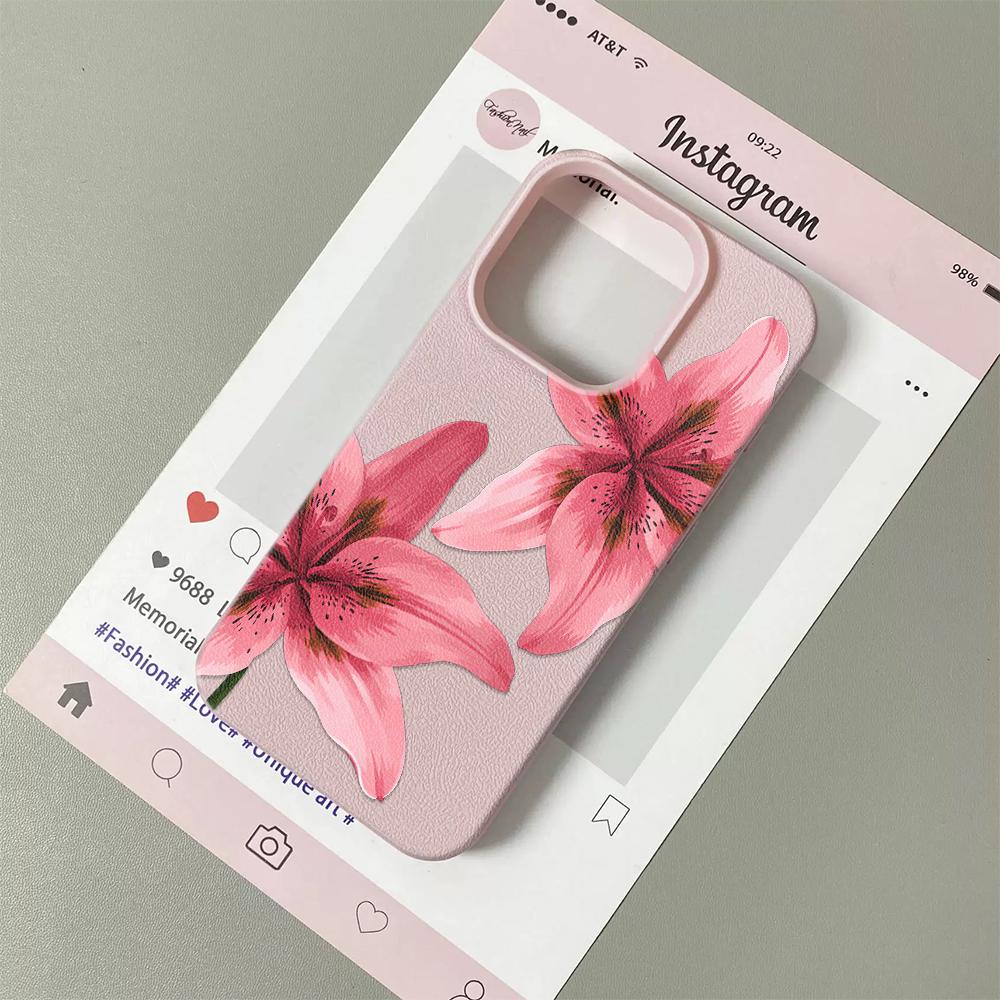 Pink Lily Floral Print Cream Matte Phone Case For iPhone 16 17 16e 15 14 13 12 11 Pro Max Shockproof Clear Hard Cover Coque
