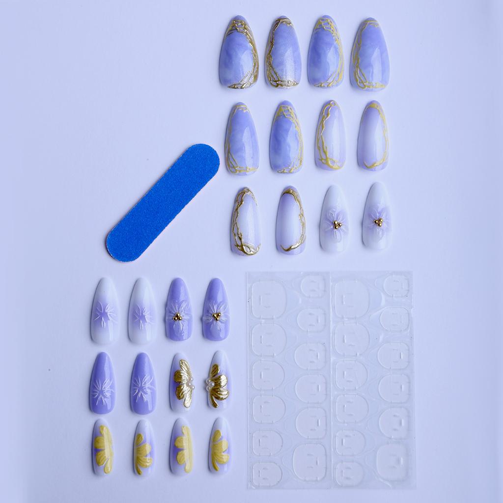 24-piece Almond-shaped Lace-edged Gold-plated Purple Gradient 3D Gel High-end Wearable Fake Nails