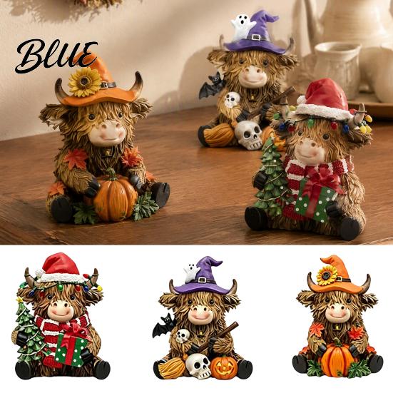 Artistic Home Decorations 3Pcs Highland Cow Figurine, Resin Yak Statues for Thanksgiving Christmas, Creative Desk Farmhouse Tabletop Ornaments