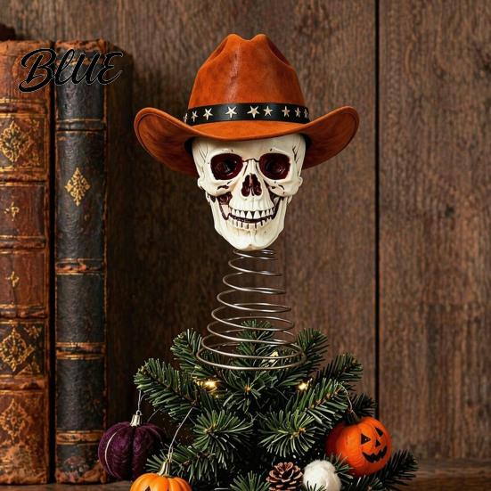 Creative Holiday Tree Topper Gothic Skull with Cowboy Hat Vintage Western Dark Retro Christmas Decor Skeleton Ornament for Halloween Spooky