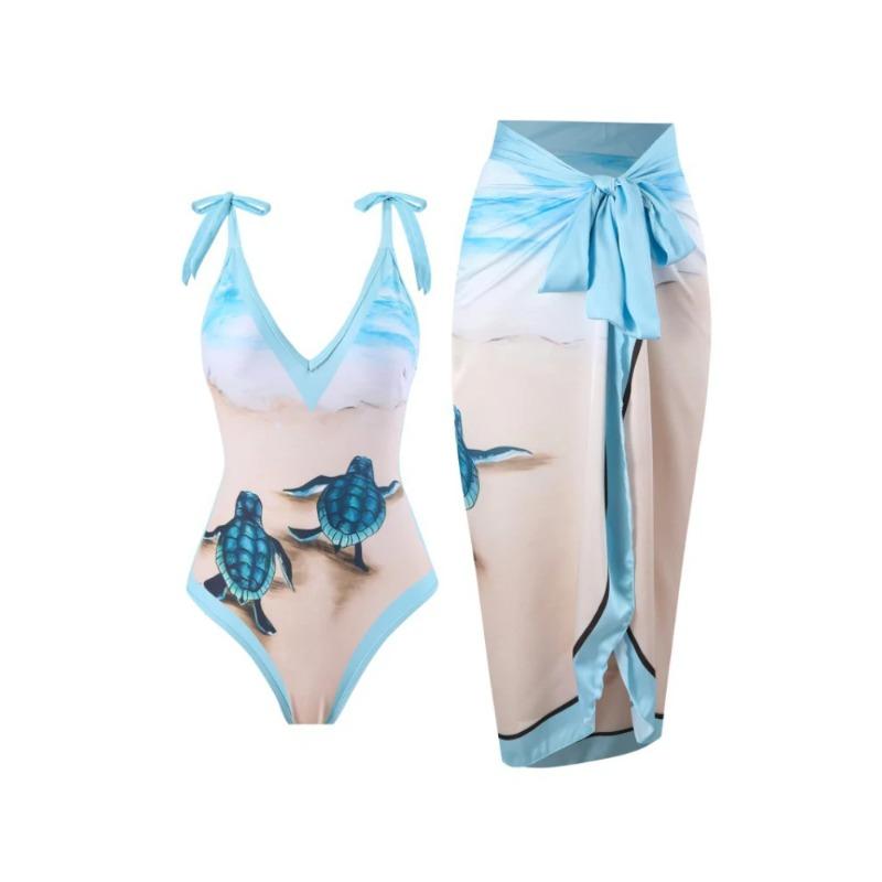 

Blue Cute Printed Women s Swimsuit One Piece Sexy V-neck Lace Up Bikini Swimwear Women Brazilian Fashion Beach Resort Skirt S