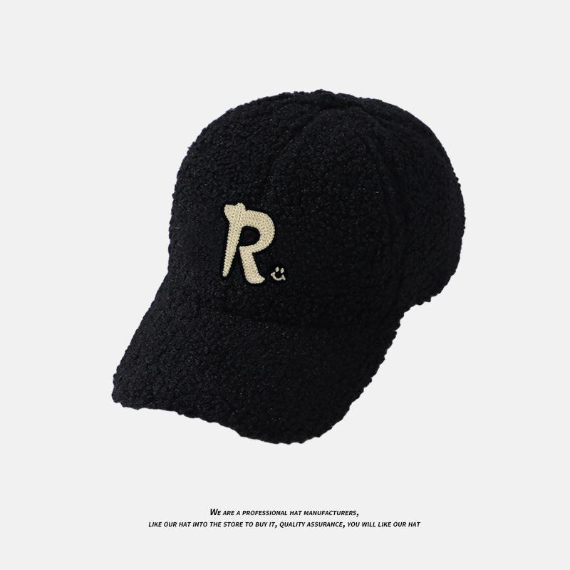 Hat Women's Autumn and Winter R Letter Couple Versatile Cold Proof Baseball Cap Lamb Velvet Thick Warm Wide Brim Peaked Cap for Men