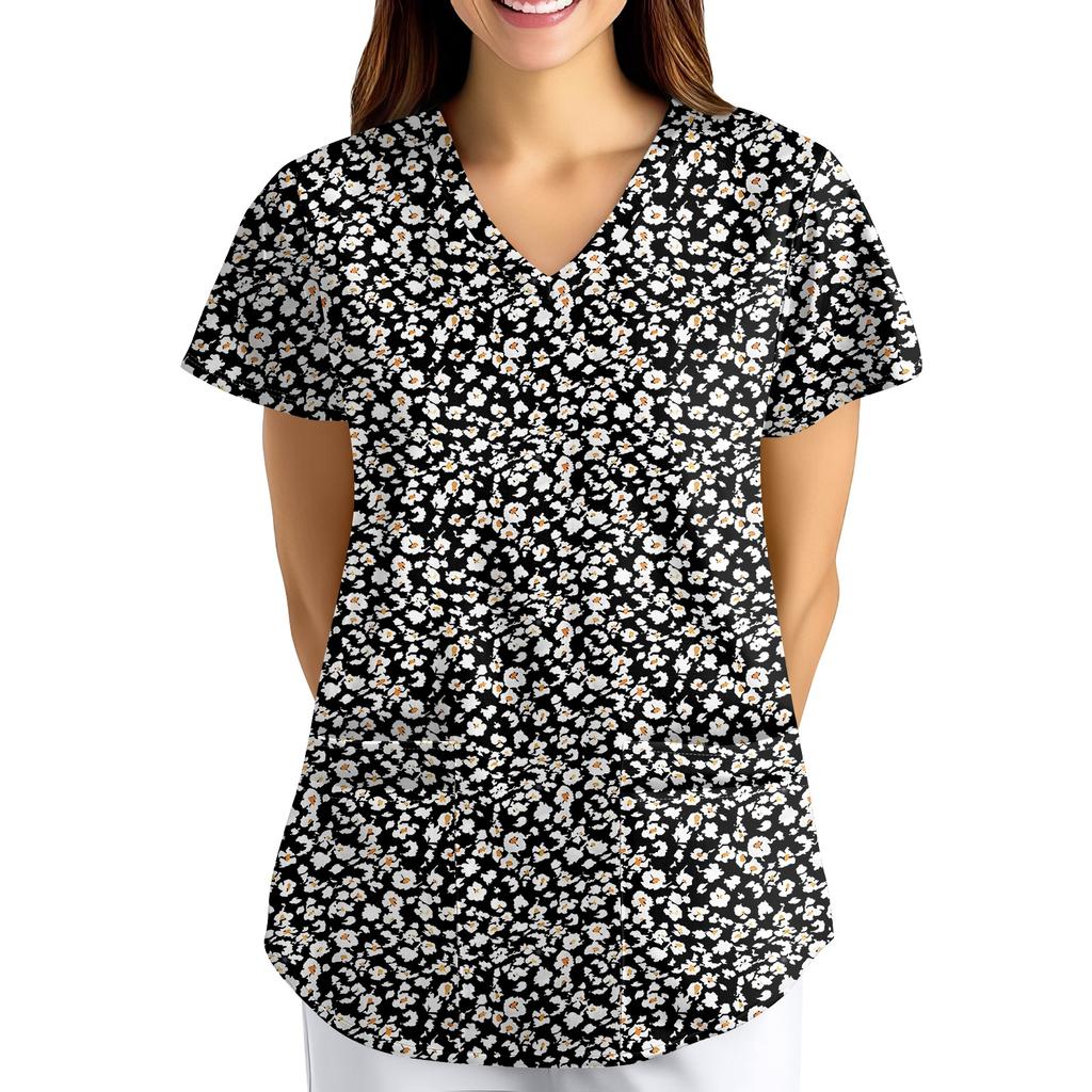 Nadměrná velikost Potištěný pracovní oděv Halenky pro dámský překřížený výstřih do V Potisk Krátký rukáv Zábavná trička Pracovní oděv Tričko s kapsami