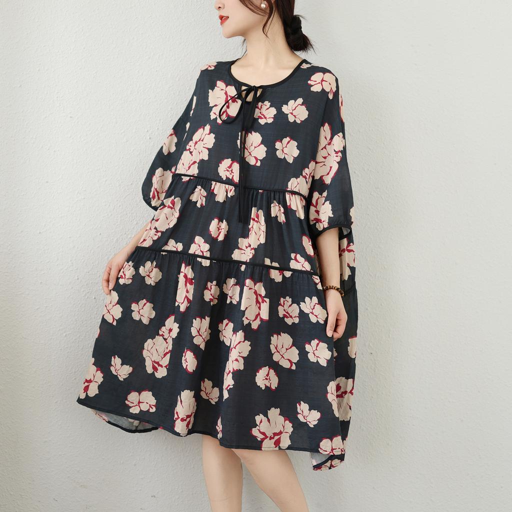 DIMANAF New 2026 Women Plus Size Summer Beach Print Long Dress Sundress Loose Oversize Maxi Lady Floral Cotton Dress