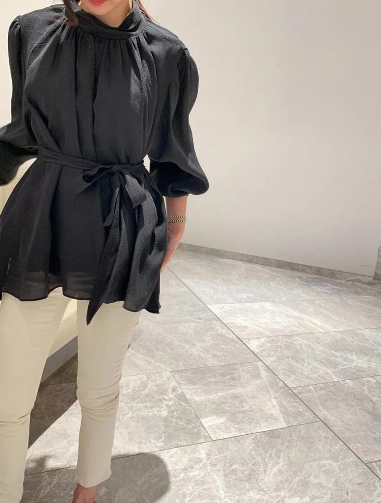 Women's French Style Ruched Long-Sleeve Waist-Slimming Blouse, Spring/Autumn 2025 Trend