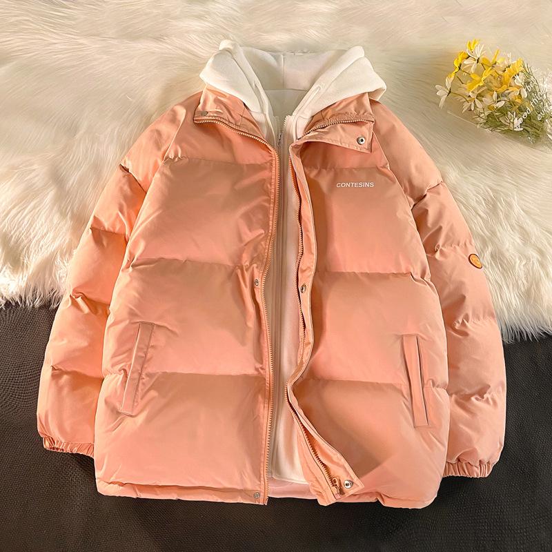 

Men s Trendy Winter Cotton Jacket - Stand Collar, Plus Velvet, Two-Piece Look, Thick, Loose Fit Outerwear S рожевий