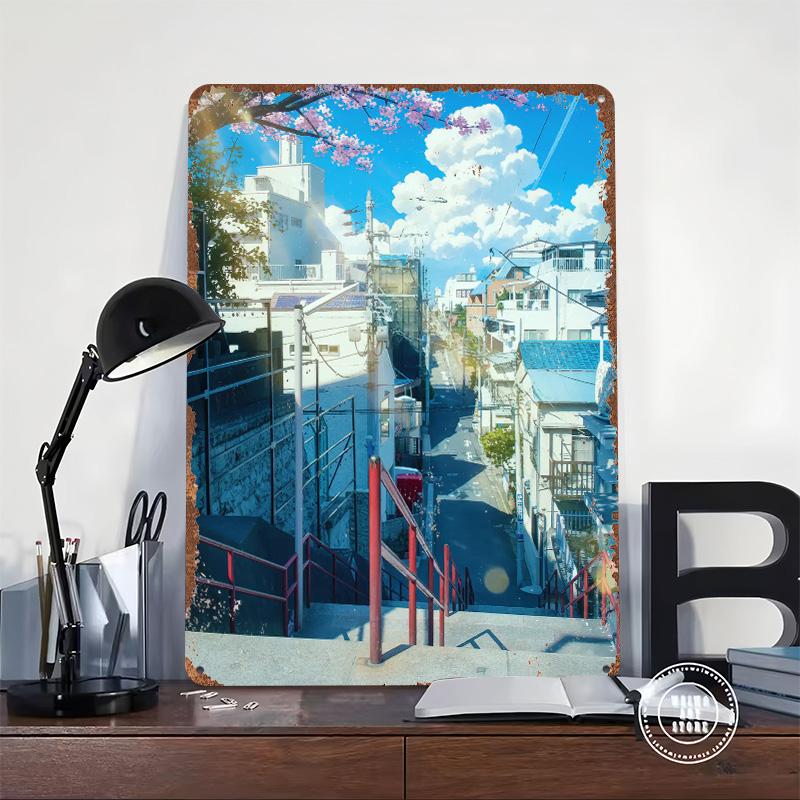 Japanese Street Scene With Stairs Metal Poster Customized Wall Art Retro Vintage Tinplate Signs for Garage Decoration Room Decor
