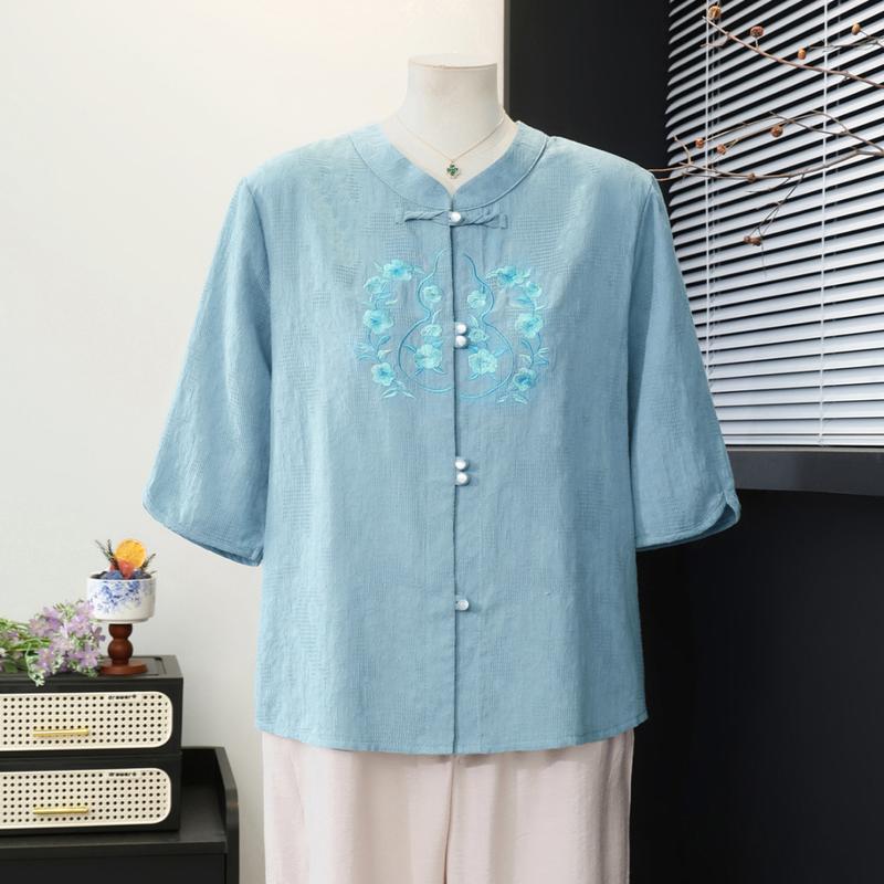Yuzhaolin New Chinese Style Embroidered Summer Shirt for Middle-Aged Women