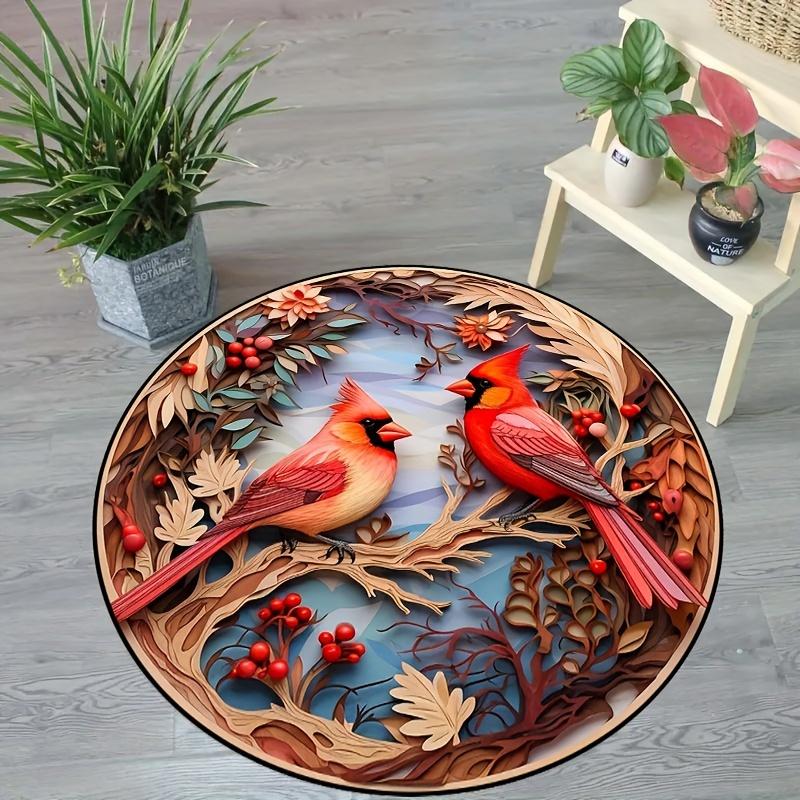 3D Art Birds Cardinal Round Rug For Home Living Room Bedroom Bathroom Kitchen Door Mat Non-slip Machine Washable Carpet
