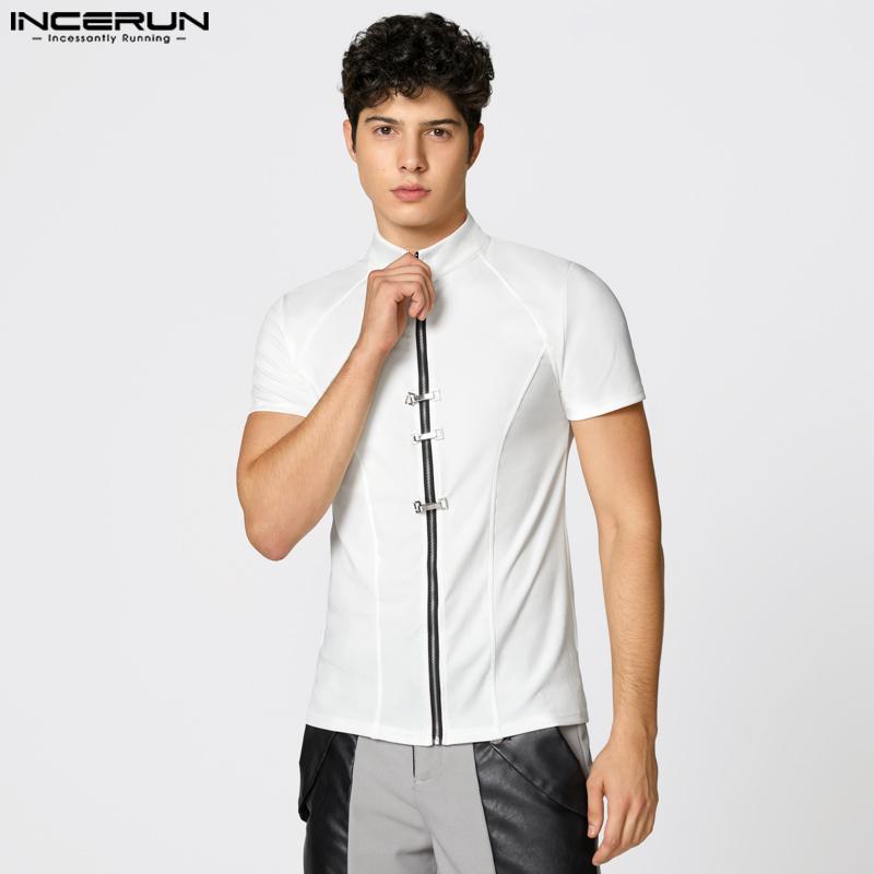 INCERUN Summer Men High Neck Short Sleeve Zip-Up Fitted Tops T-shirts Undershirts