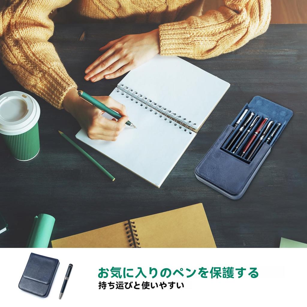 Family Leather Fountain Pen Case with Magnetic Divider Holds 6 Large Capacity Contact's Design, Pens, (Blue)