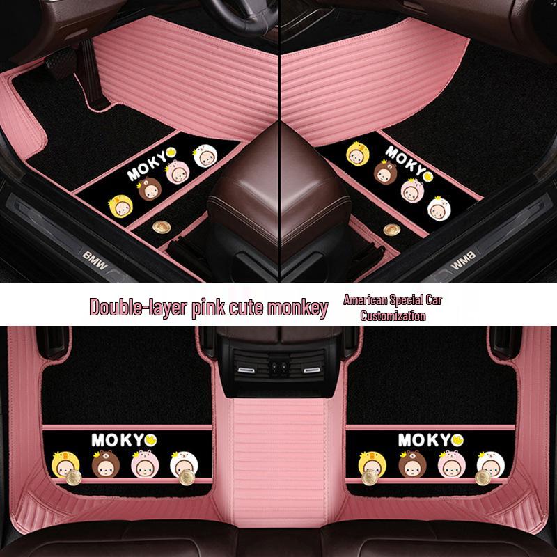 Custom Leather Car Floor Mats for Women - Cartoon Design, Double-Layer, Full Coverage
