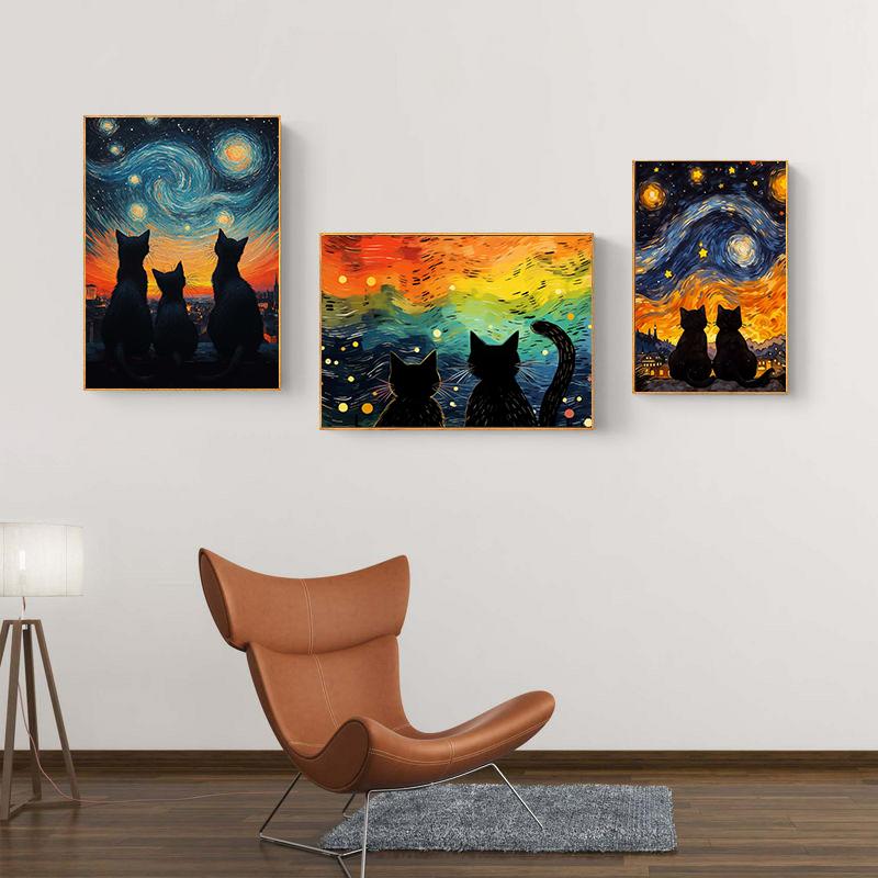 Black Cat Under The Sky Starry Night Series Theme Canvas Printing Fashion Populars Colors Mural Studio Home Decoration Art Gifts