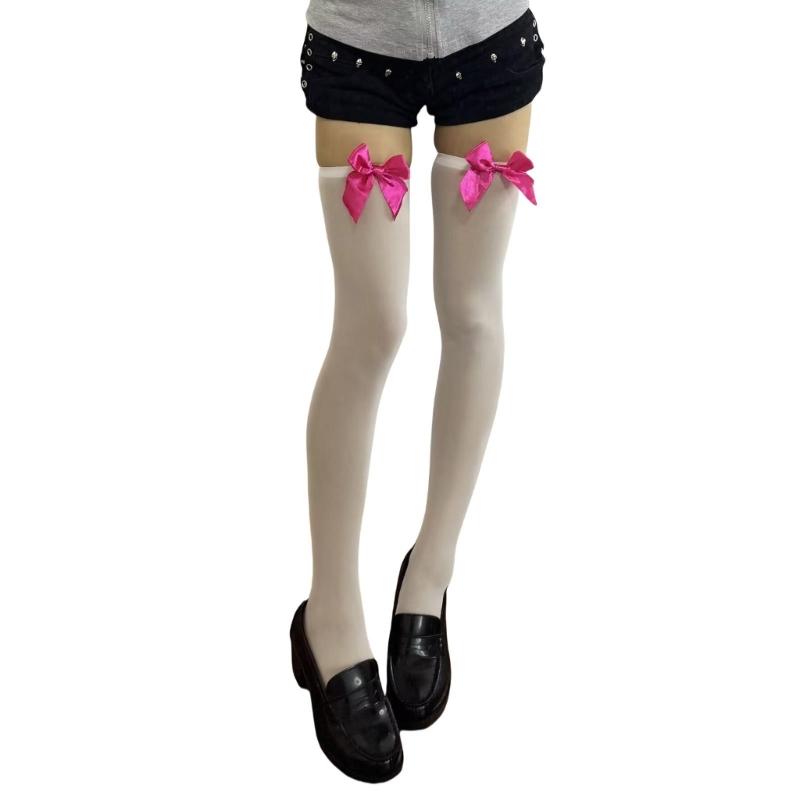 Stylish Thigh High Socks with Sweet Bowknot Accent 80D Velvets Opaque Over Knee Stockings for Women Casual and Party Use