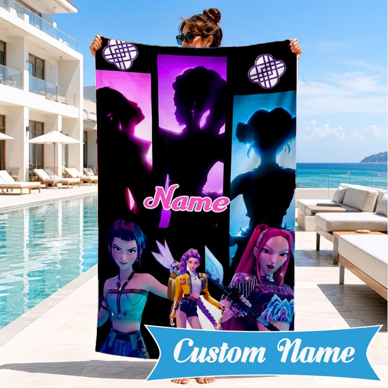 Custom Name KPop Cartoon Beach Towel Microfiber Beach Towel, Lightweight and Quick-Dry, for Summer Travel, Swimming Pool Gift