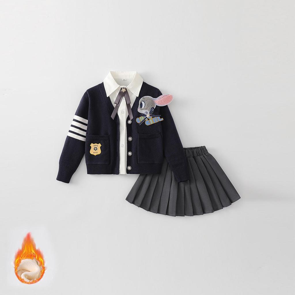 Girls' Autumn Rabbit Police Officer JK Uniform Set - Includes Woolen Pleated Skirt