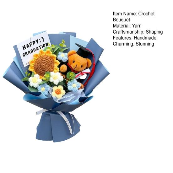 Graduation Crochet Flower Bouquet Handmade Knitted Artificial Sunflower Puff Flower Bear Graduation Gifts for Grad Party Favors