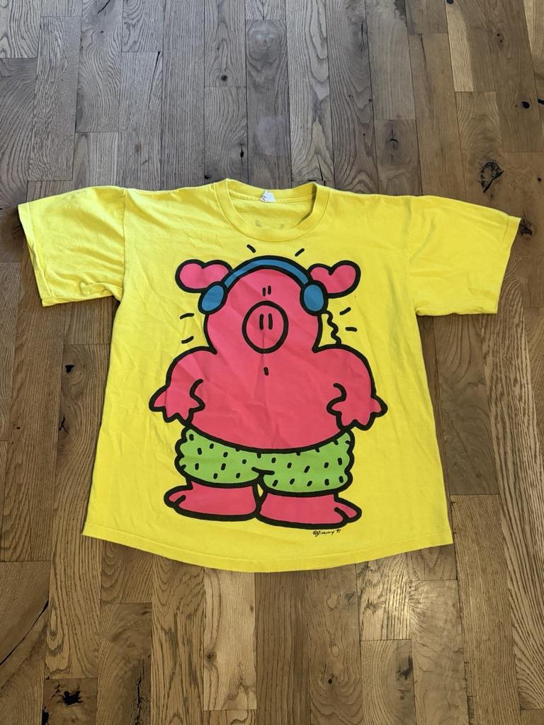 Vintage 90s Jimmy Pig Keith Haring Style Art Cartoon Yellow Men’s Shirt Size XL Unisex T-Shirt
