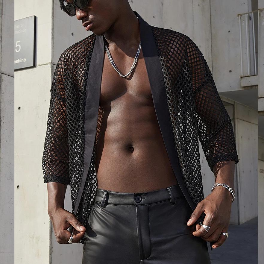Pánský Sexy síťovaný průsvitný kardiganový šál T-shirt | Evropská & Americká módní performance top
