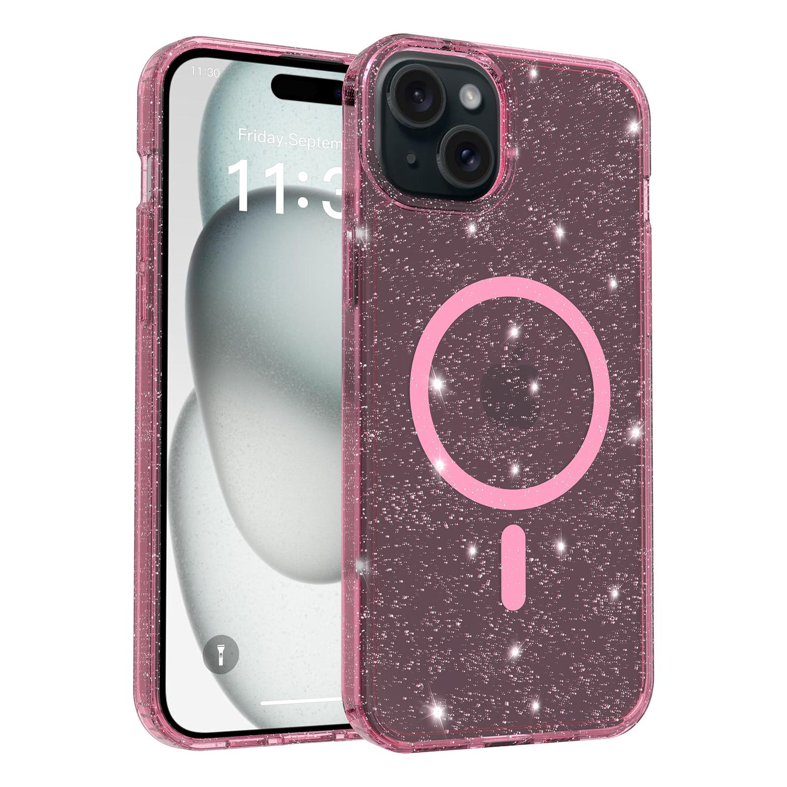 For iPhone 14 Plus/iPhone 15 Plus Magnetic Case Glitter Design TPU PC PET Drop Proof Phone Cover