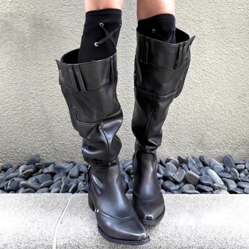 Big tube around long boots for women but knees Spring and summer new thick heel thin pointed belt buckle pleated pile boots