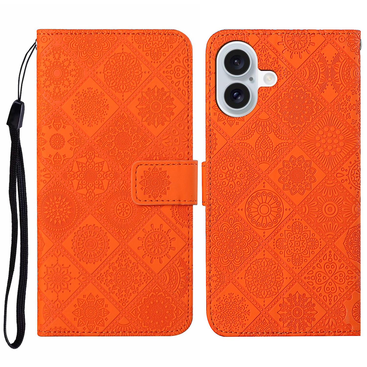 

For iPhone 17 Case Leather Case Ethnic Style Wallet Phone Cover with Strap Orange