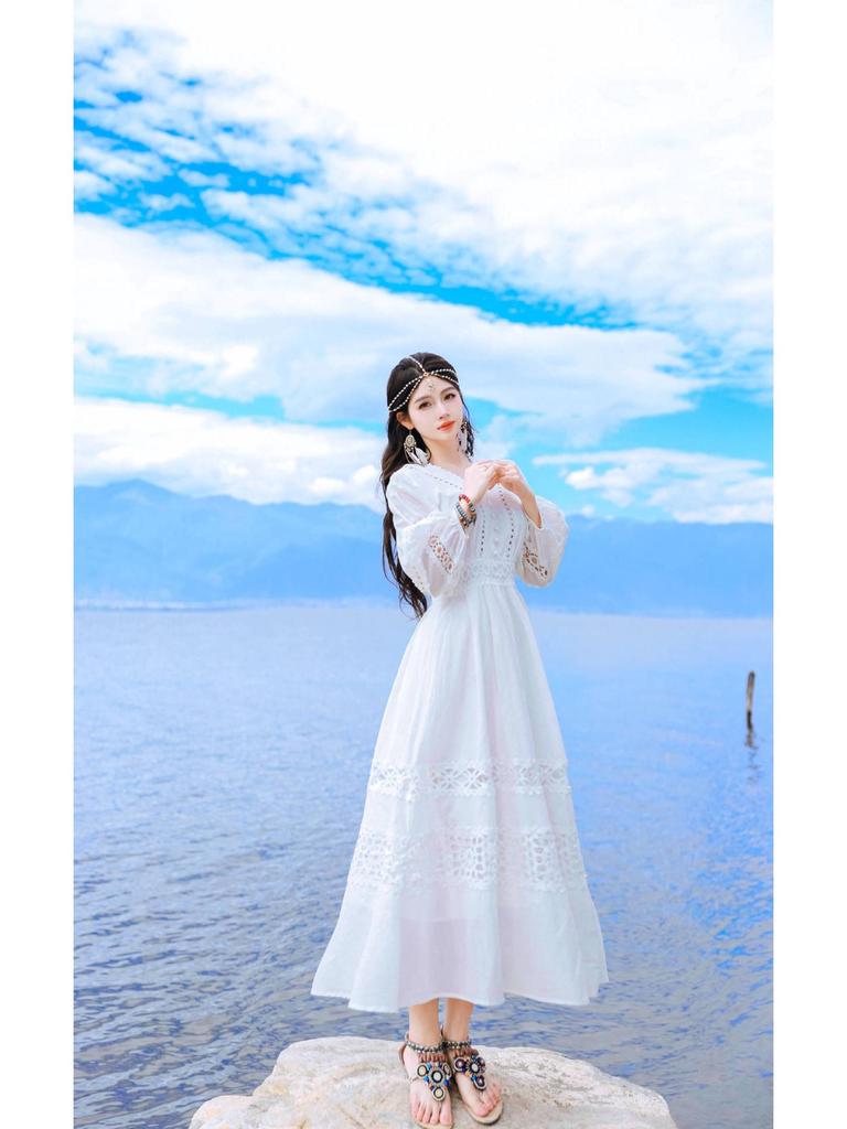 Hand-Crocheted Lace Trim V-Neck Lantern Sleeve Beach Dress - French Hollow Out Style