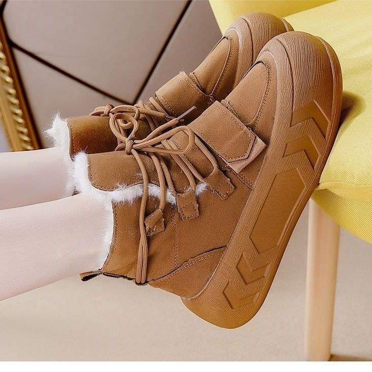 Frosted cowhide velvet warm and heightened thick-soled snow boots for women's 2025 winter new retro high-top short cotton boots