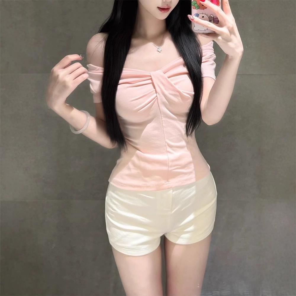Solid color v-neck simple niche design sense front shoulder short-sleeved T-shirt women's summer fashion versatile pure desire Spice Girl top tide
