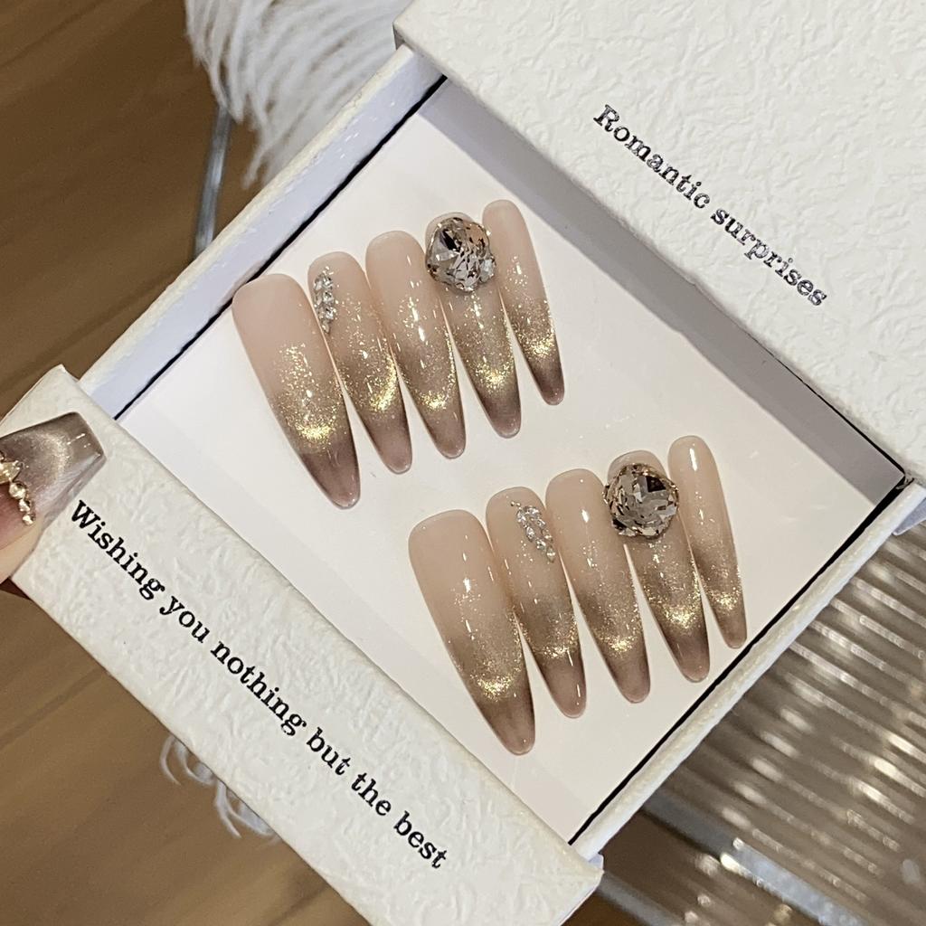 Handmade Nude Color Gradient Golden Cat's Eyes Wheat Ears Square Diamond Glitter Stars Can Be Detached