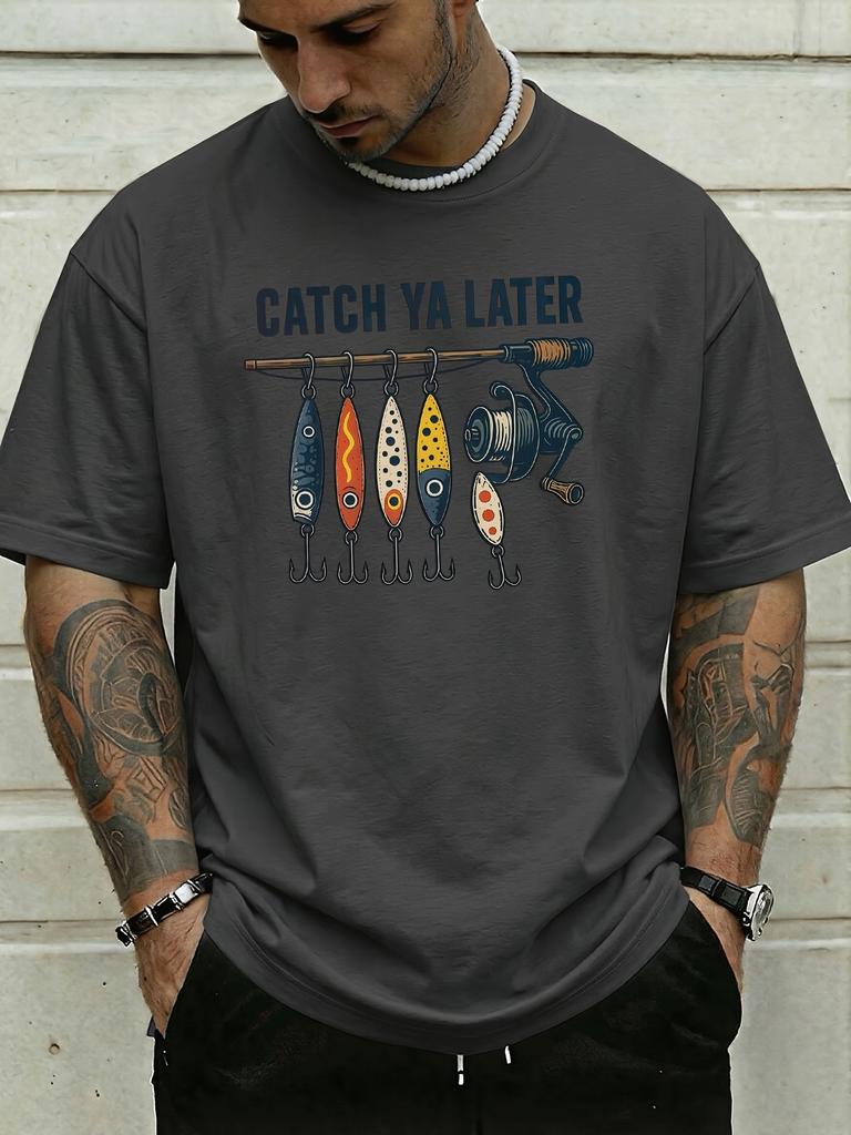 Retro Fishing Rod Bait Lure Catch Ya Later Slogan Graphic Print Unisexs Crew Neck Short Sleeve Tee Casual Daily Soft Basic Wear Top