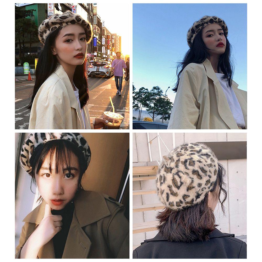 Vintage Zimowa Ciepła Czapka Beret Berety dla Kobiet Kapelusz z Panterką Kapelusz Francuski