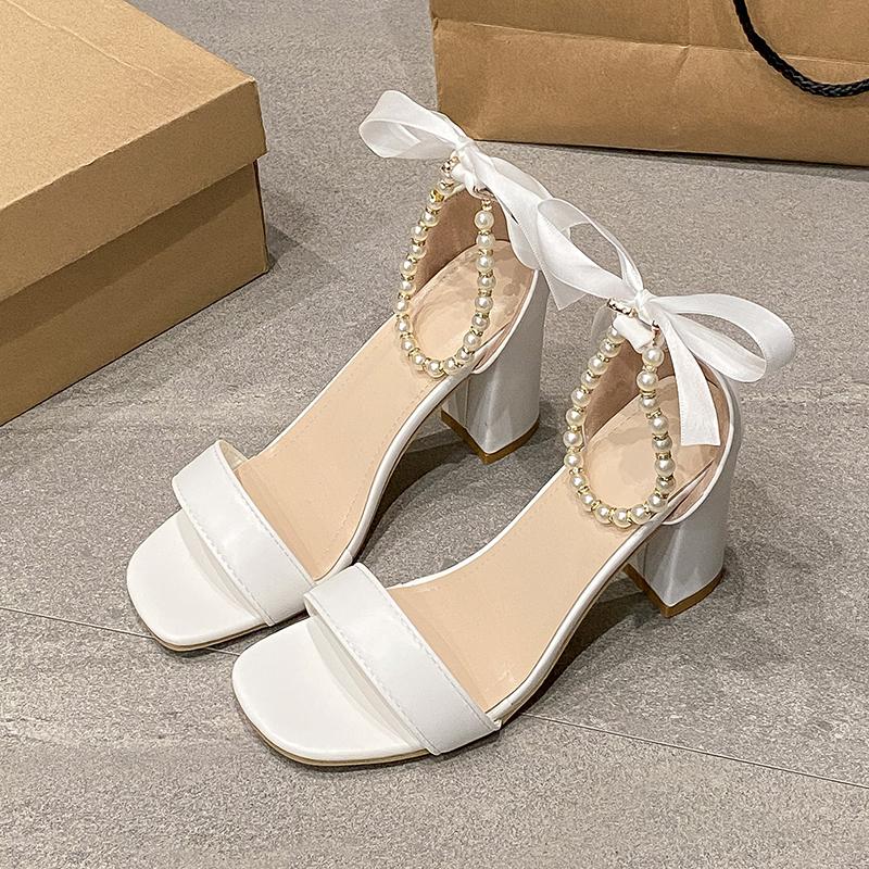 Fashion 2025Sandals Women's Summer Fashion Casual Bow High Heels Fairy Wind Pearl High Heels Design Sense of Niche Chunky Sandals