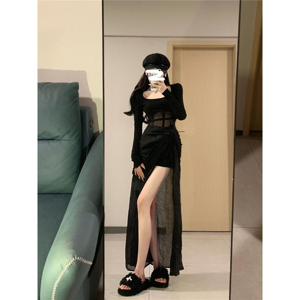 Niche Black Mesh Splicing Split Fork, Waist and Thin Temperament Elegant Romantic Versatile Casual Dress