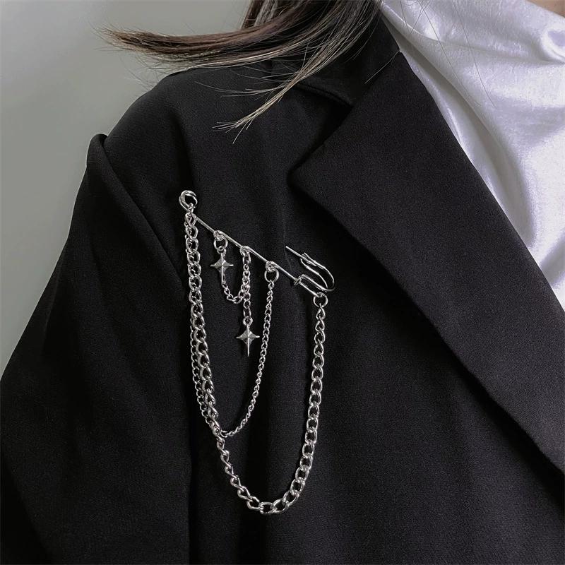 Korean Style Metal Star Chain Brooch for Women Men Suit Decoration Tassel Chain Metal Beads Pin Cloth Jewelry Accessories
