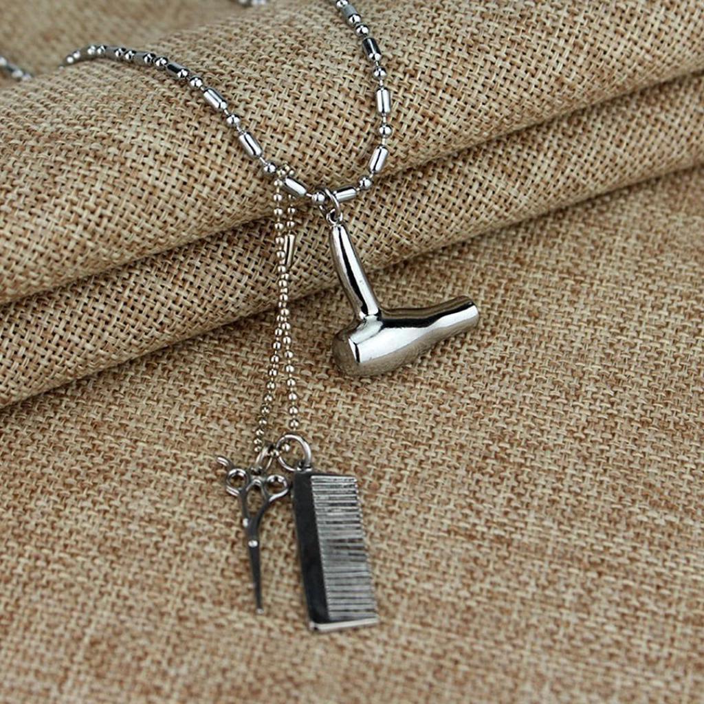 Unisex Hair Dryer Scissors Comb Pendant Chain Necklace Barber Kit Hairdresser Gift