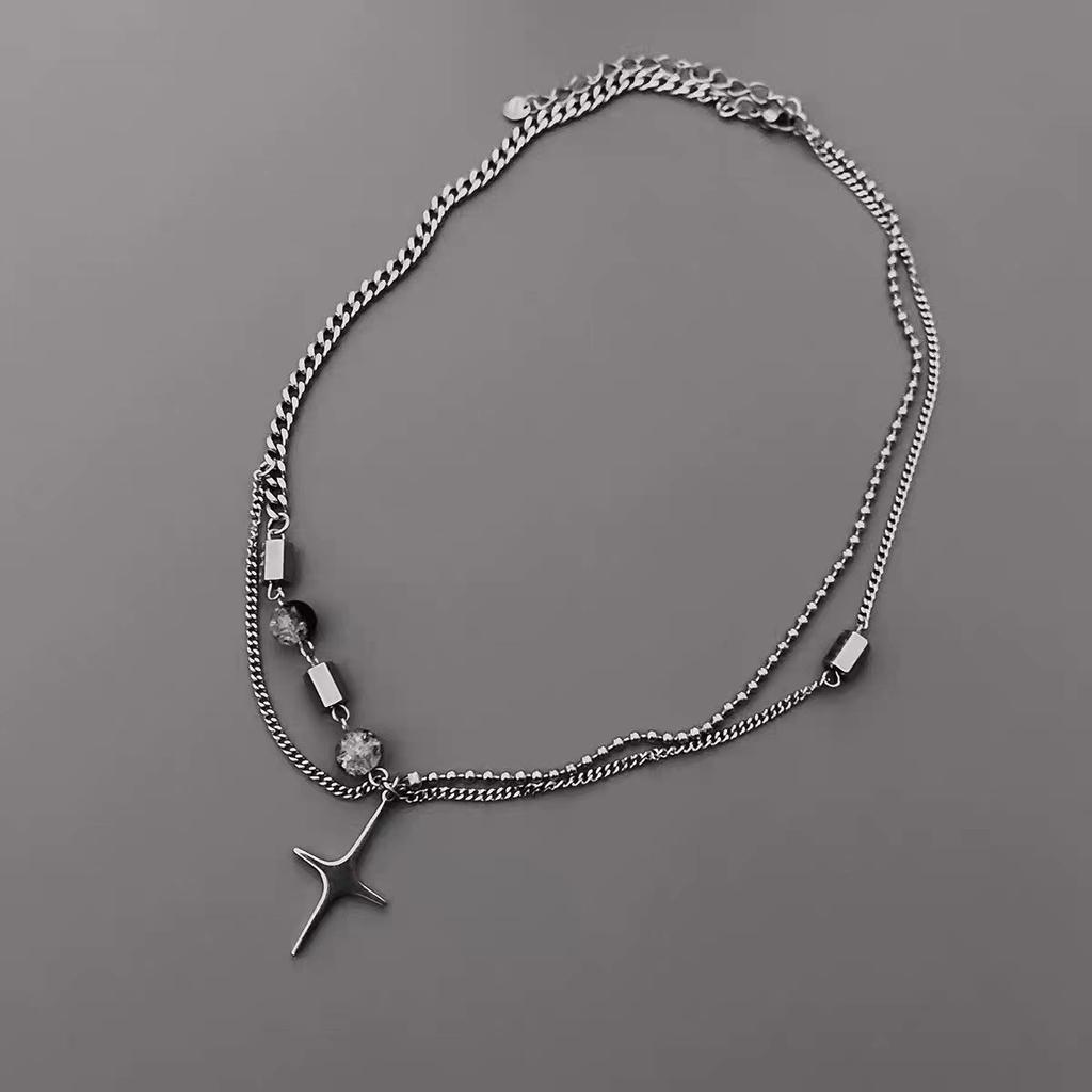 Mangxing Beaded Splicing Double-layer Stacked Necklace Design Ins Cold Wind Hip-hop Collarbone Chain