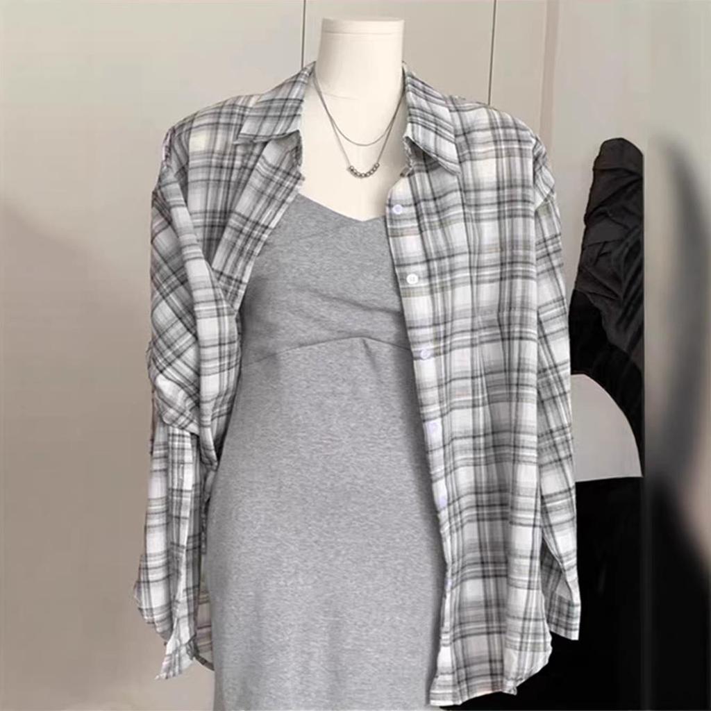 Women's Gray Plaid Summer Sun Protection Cardigan - Korean Style Loose Fit Shirt Jacket