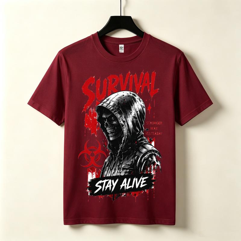 Survival Stay Alive Graphic Tshirt Skull Hood Biohazard Symbol Print Dark Grunge Gothic Streetwear Edgy Casual Urban Top