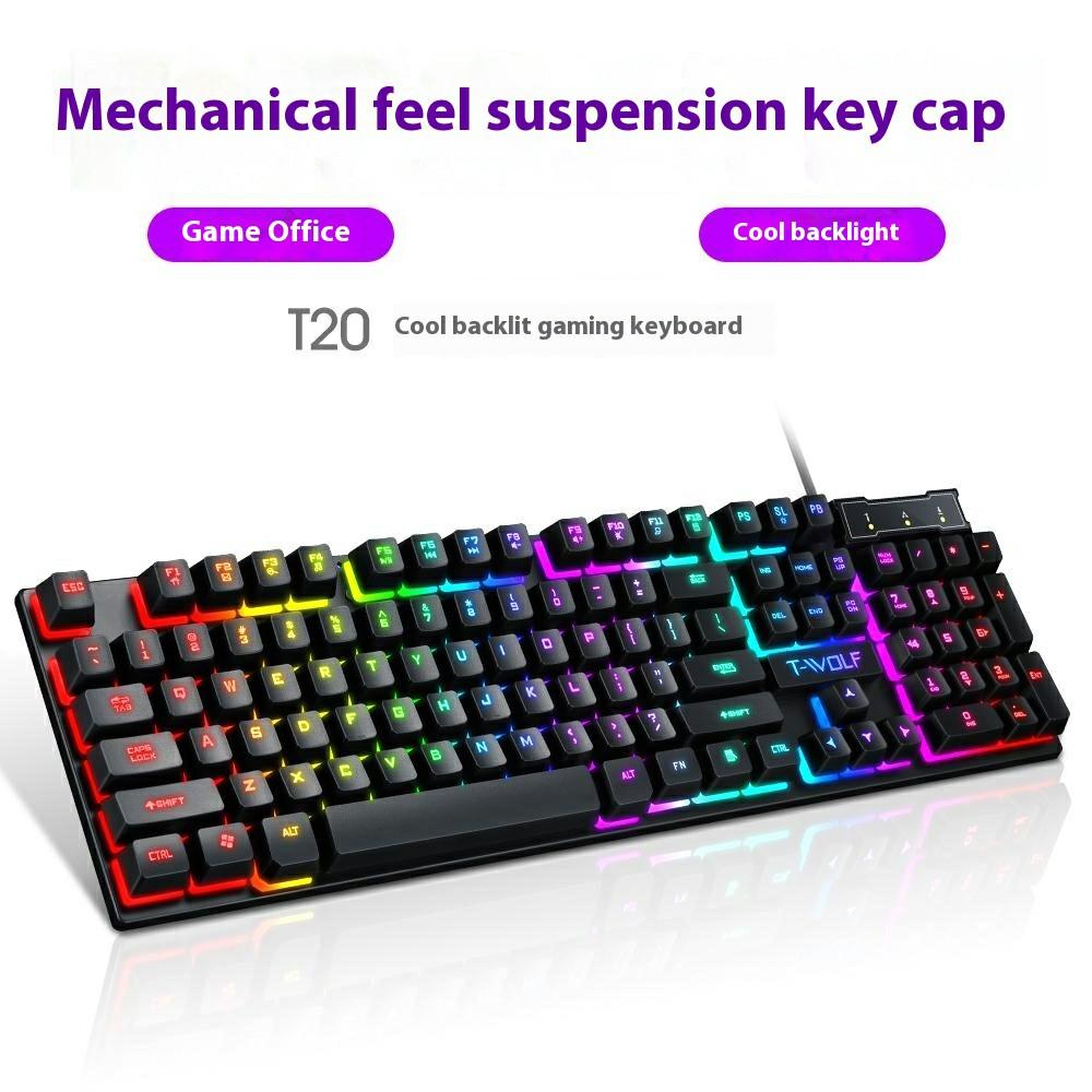 

T-WOLF T20 USB Wired Gaming Keyboard with Colorful Backlit Ergonomic Mechanical Keyboard As Shown A