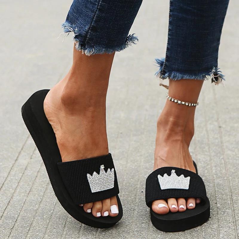 Fashion Summer Slippers with Sequins Decor for Women 2025 Stylish Wedges Platform Slides Woman Daily Outside Soft Bottom Sandals Mujer