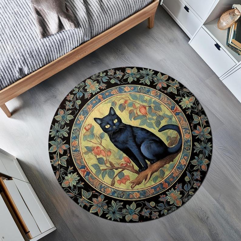 

Floral Black Cat Round Rug,Ancient Dark Academia Mat with Botanical Pattern,Eclectic Cottagecore Decor for Gothic Home Gift Idea Diameter 100cm