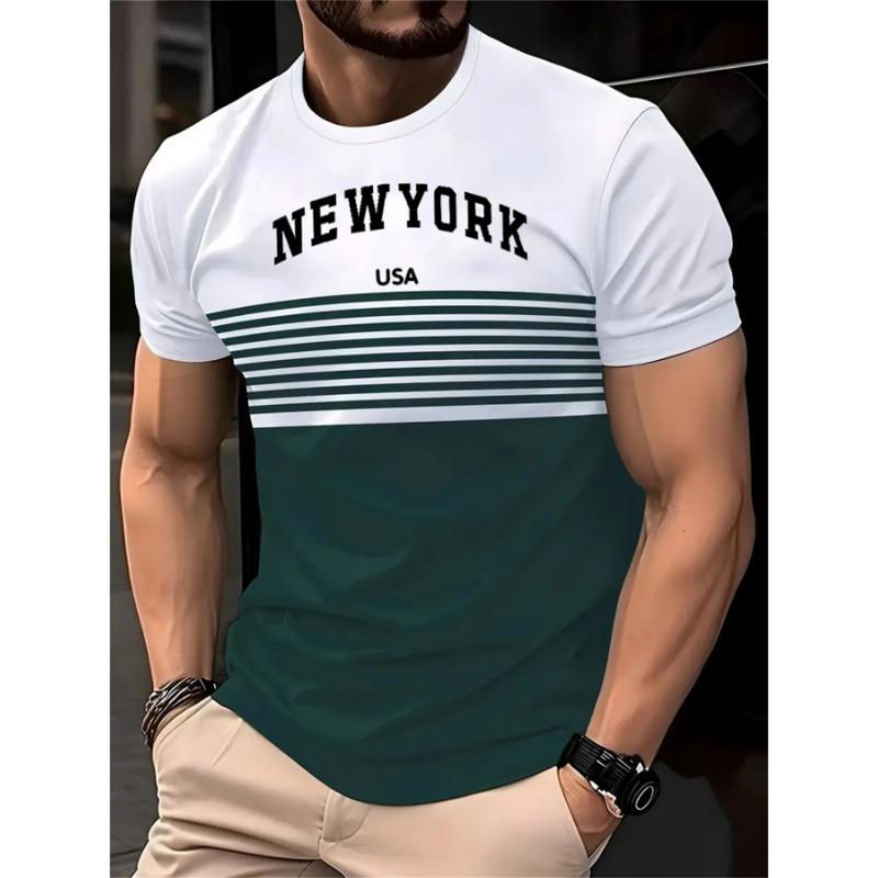 Summer Casual New York Text 3D Printed Men's Striped T-shirt Outdoor Sportswear Oversized Fitness Top Short Sleeved T-shirt for Men