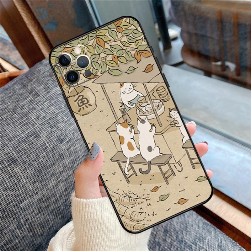 Japanese Cat Drink Pattern Case For iPhone 14 Plus 11 12 13 15 16 Pro Max Mini Plus XR X XS Max Back Cover