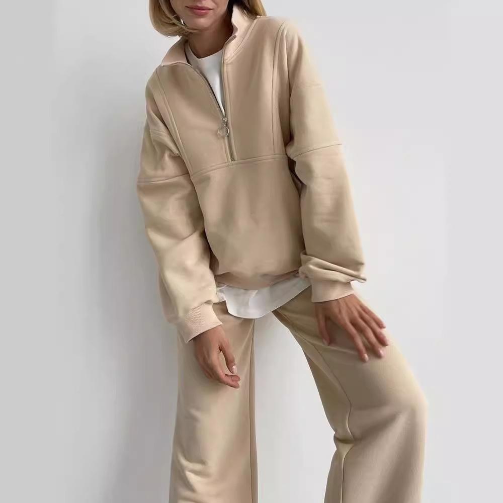 Women's Cotton Zip-Up Hoodie Set Casual Oversized Sweatshirt and Sweatpants Two Piece Tracksuit INS Style