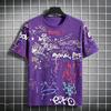 Colorful graffiti letter all-over print  crew neck short-sleeved T-shirt, skateboarding hip-hop casual short-sleeved shirt.
