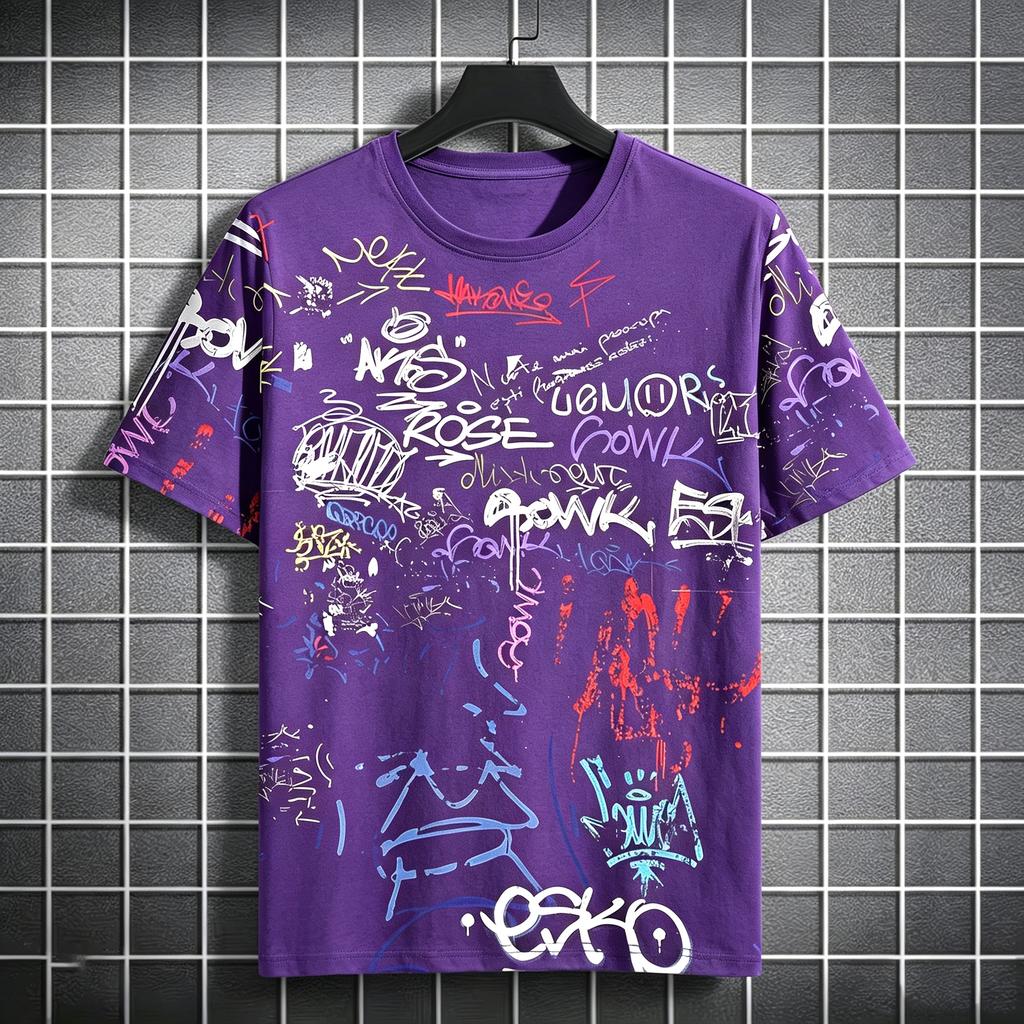 Colorful graffiti letter all-over print  crew neck short-sleeved T-shirt, skateboarding hip-hop casual short-sleeved shirt.
